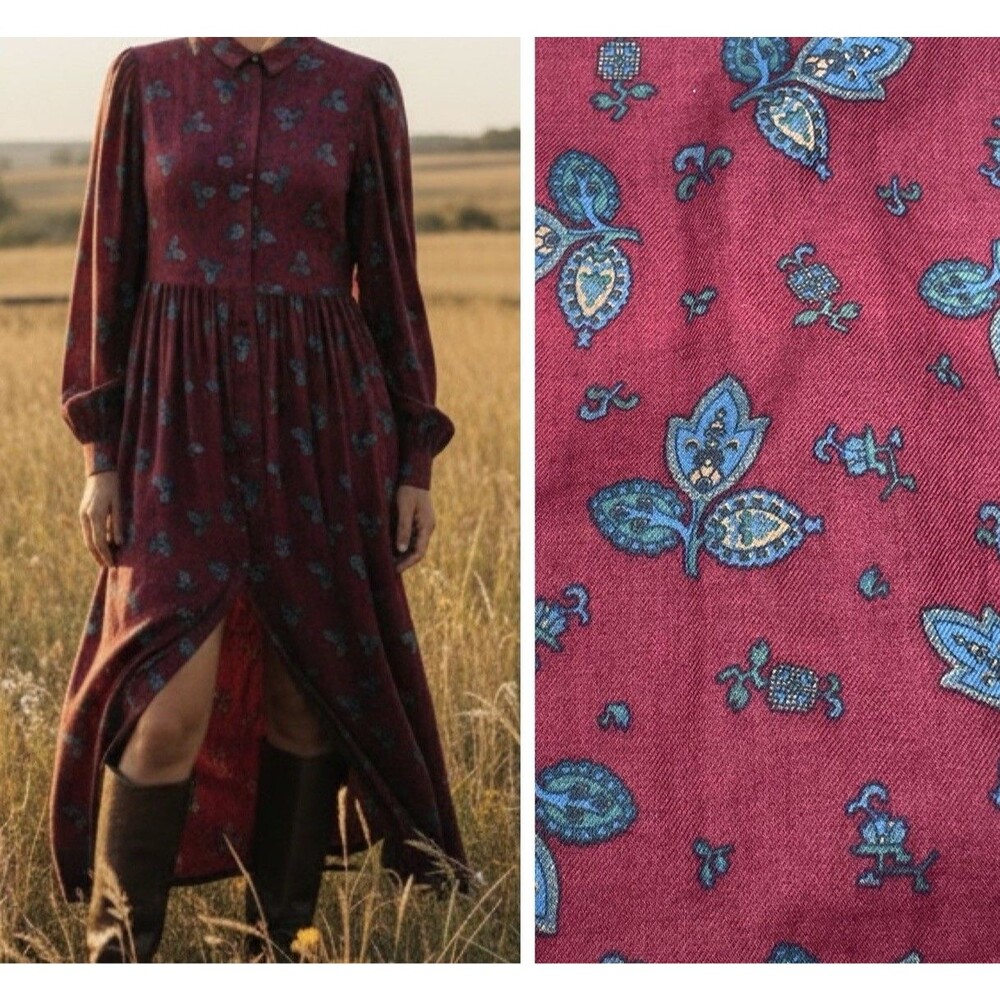 VTG Laura Ashley Prairie Maxi Dress 12 Ireland Cotton Burgundy Paisley Romantic
